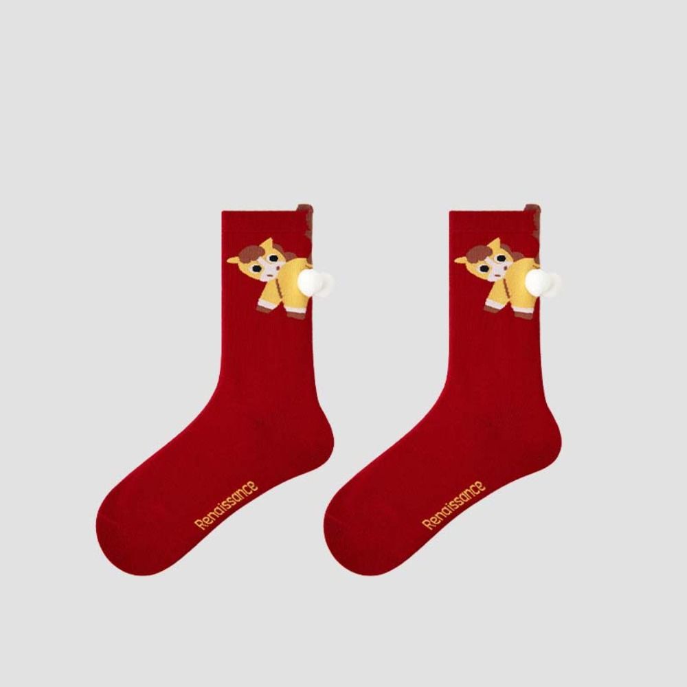 Cartoon Year of The Horse Socks Winter Autumn Red Tube Socks Cute Zodiac Year Socks  Women