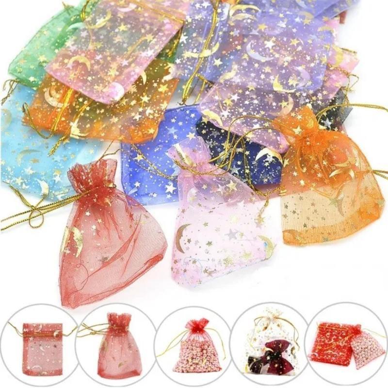 100PCS Stars & Moon Design Organza Sheer Gauze Element Jewelry Bags Tulle Fabric Wedding Gift Bags Sachet OrganzaGift Bag