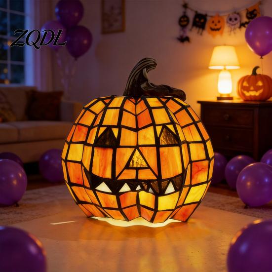 Halloween Themed Light 1/2Pcs Bow Pumpkin Light, Stained Glass Desk Lamp, Warm Night Spooky Jack-O-Lantern Nigh Decoration for Home Office