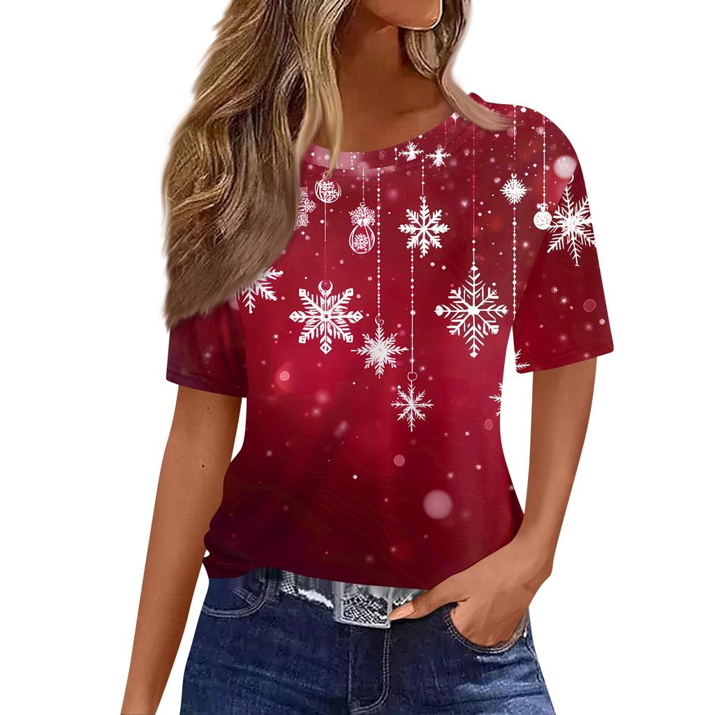 Women's Fashionable Casual Short Sleeve Christmas Print Round Neck Pullover Top