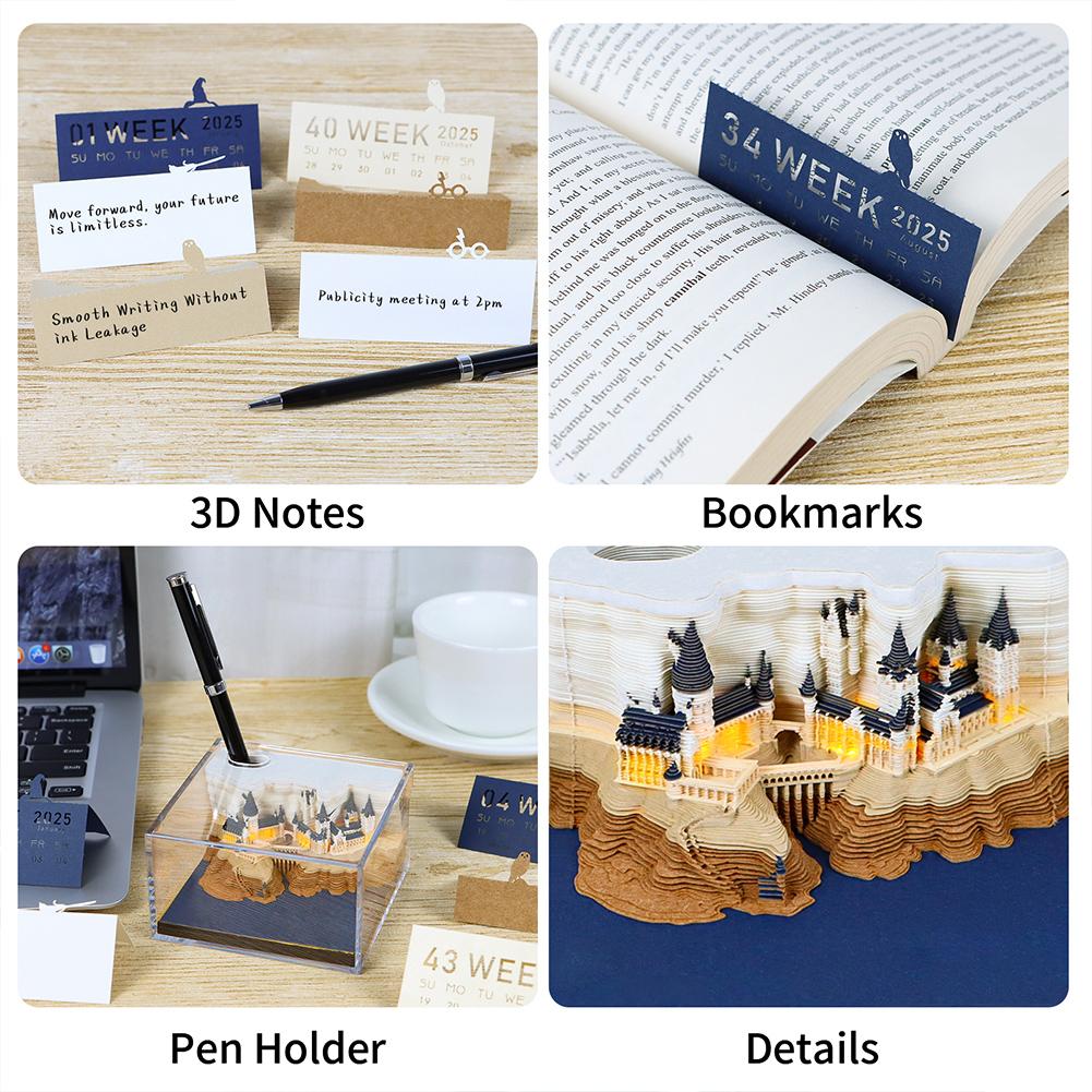 2025 Time Piece Calendar with LED Light and Pen Holder 3D Calendar Paper Carving Art Memo Pad Notepad Novelty Gift
