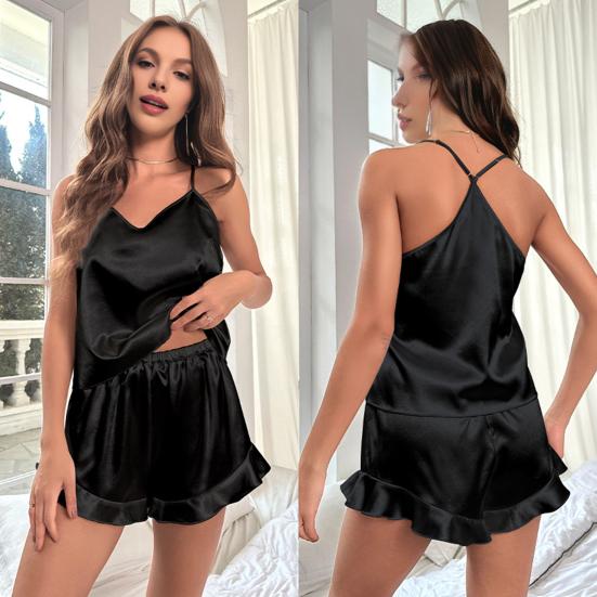 2 шт./комплект женский жилет шорты костюм V-образный вырез без рукавов кружевной топ сзади высокая талия короткие брюки домашняя одежда одежда для отдыха летняя одежда для сна