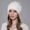 Women Angora Rabbit Fur Hat Winter Knitted Warm Beanies Fashion Luxury Designer Hats For Female With Pearl Diamond Cap