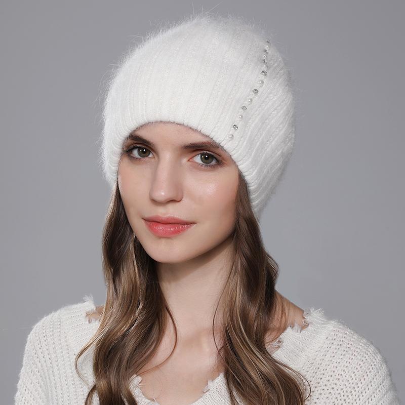 Women Angora Rabbit Fur Hat Winter Knitted Warm Beanies Fashion Luxury Designer Hats For Female With Pearl Diamond Cap
