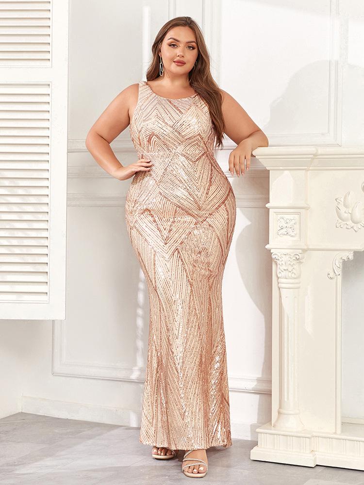 Women's Rose Gold Sleeveless Mermaid Gown - Sparkly Plus Size Evening Dress 2024