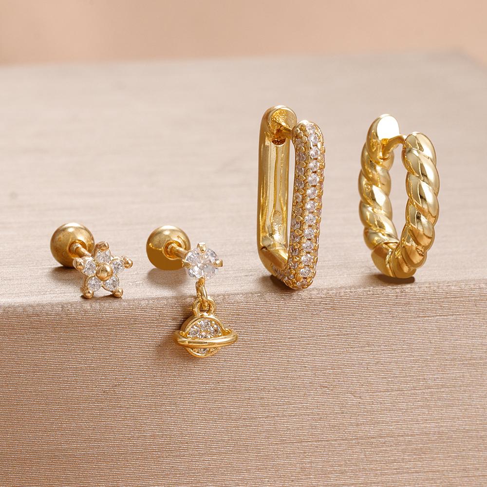 4PCS Fashion Star Moon Stainless Steel Zircon Stud Earrings Set For Women 114K Gold Plated Earring Classic Huggie Daily Jewelry