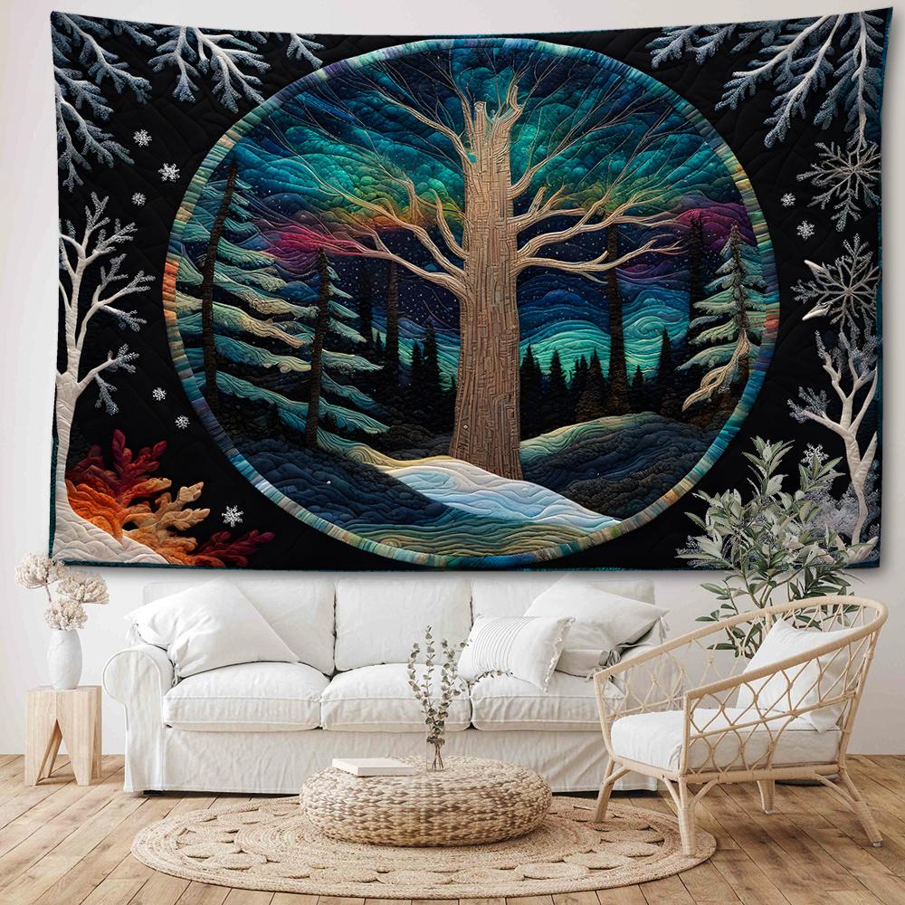 1pc Aurora Borealis Pine Tree Tapestry, Black Background Wall Hanging for Living Room Bedroom Decor, Animal Theme Polyester Brushed Fabric, Vertical D