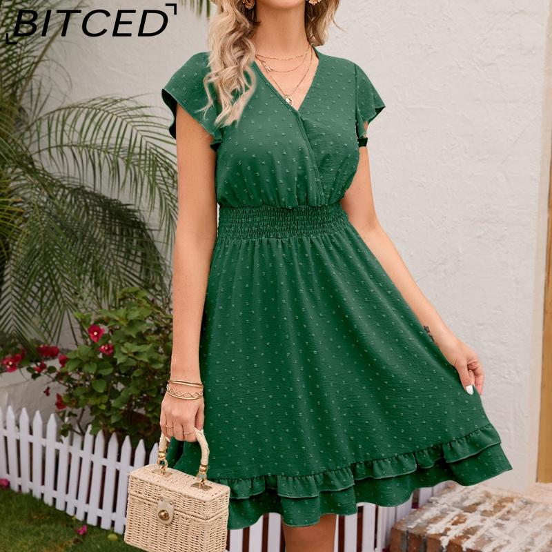 BITCED Женское весенне-летнее платье с V-образным вырезом, подчеркивающее талию, повседневное, для отпуска, с коротким рукавом, стройнящее