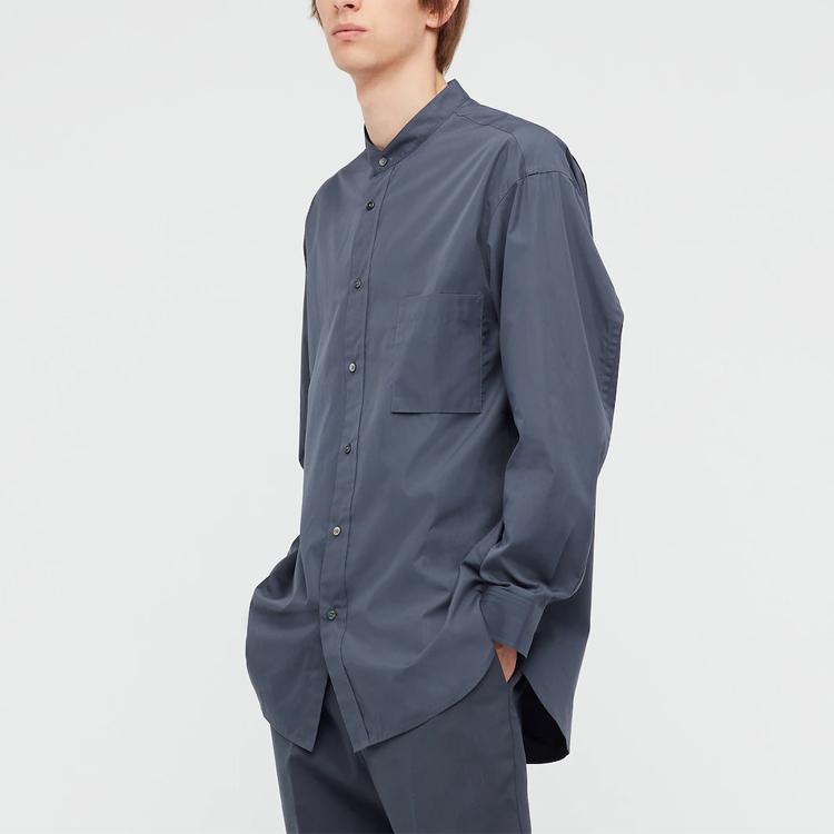 Uniqlo Сотрудничество Jil Sander Однотонная Свободный крой Воротник-стойка Повседневная рубашка с длинным рукавом Мужские рубашки Светло-серый 440462-06