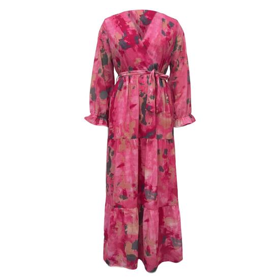 Женское вечернее платье в стиле пэчворк с V-образным вырезом на шнуровке на талии в богемном стиле с рукавами-фонариками плиссированное шифоновое платье макси с красочным принтом трапециевидной формы с большим подолом