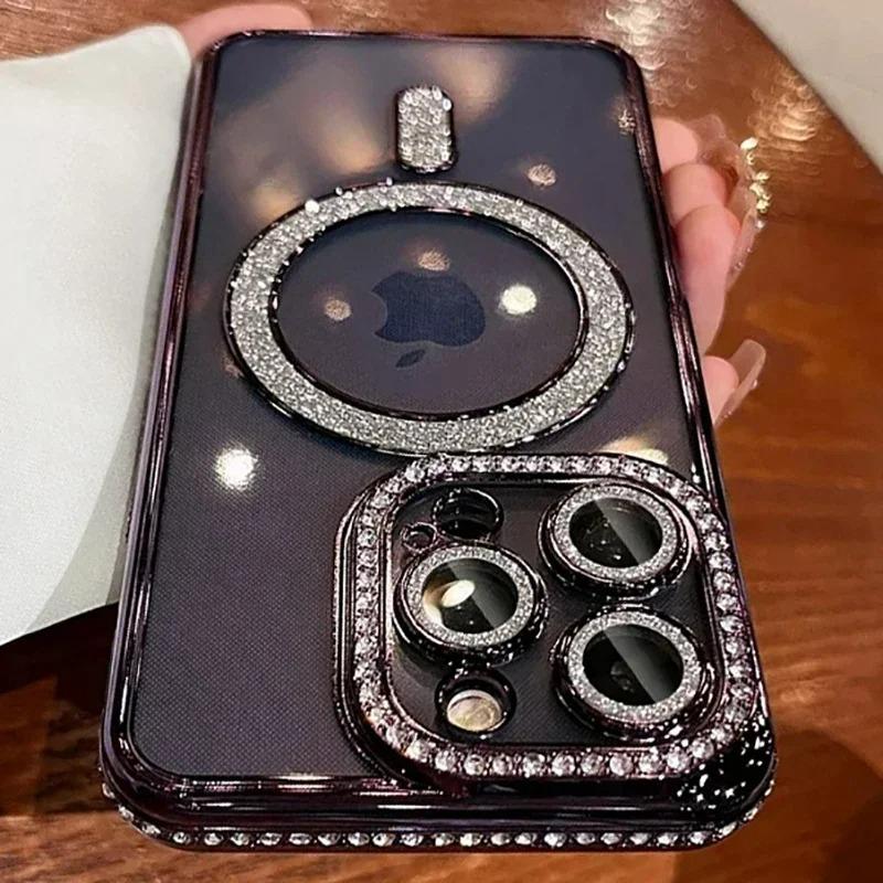 Мягкий Магнитный Беспроводной Заряд Алмазный Чехол для Телефона для iPhone 11 12 13 14 15 16 Pro Max Plus Блестящий Magsafe Бампер Задняя Крышка