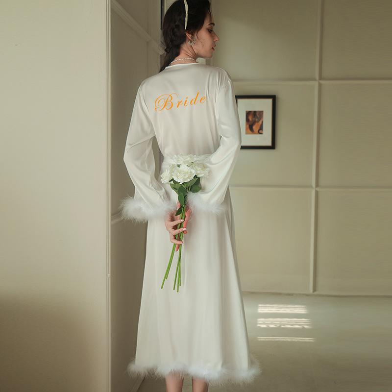 Sexy Wedding Morning Feather Robe Women Long Kimono Bathrobe Gown Spring Summer Satin Sleepwear Nightgown Loose Home Dress