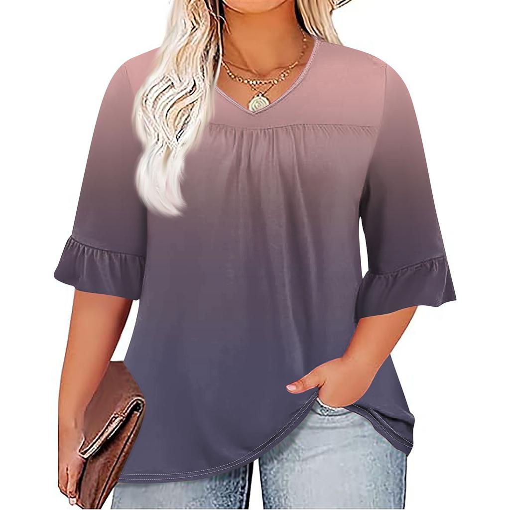 Женская мода, повседневная плиссированная футболка с v-образным вырезом и принтом, семиминутная футболка с рюшами и рукавами, топы больших размеров