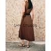 Summer New Women clothes Pleated Decorative Single-Breasted With Belt V-neck Sleeveless Midi Dress 5029101