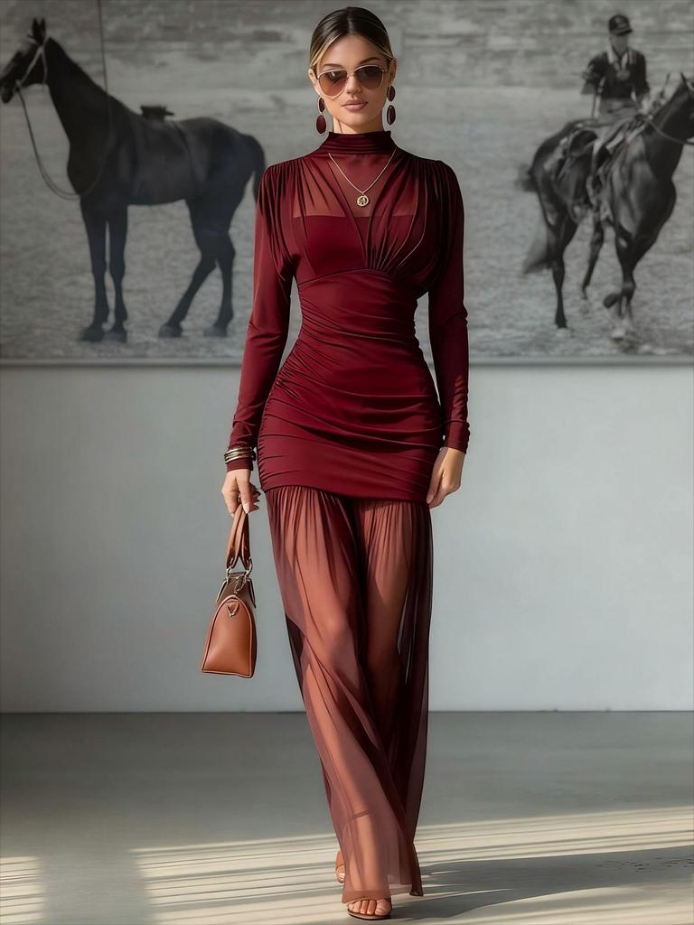 Осень 2025 Европейский и Американский Стиль Длинный Рукав Приталенный Пэчворк Шифоновое Платье