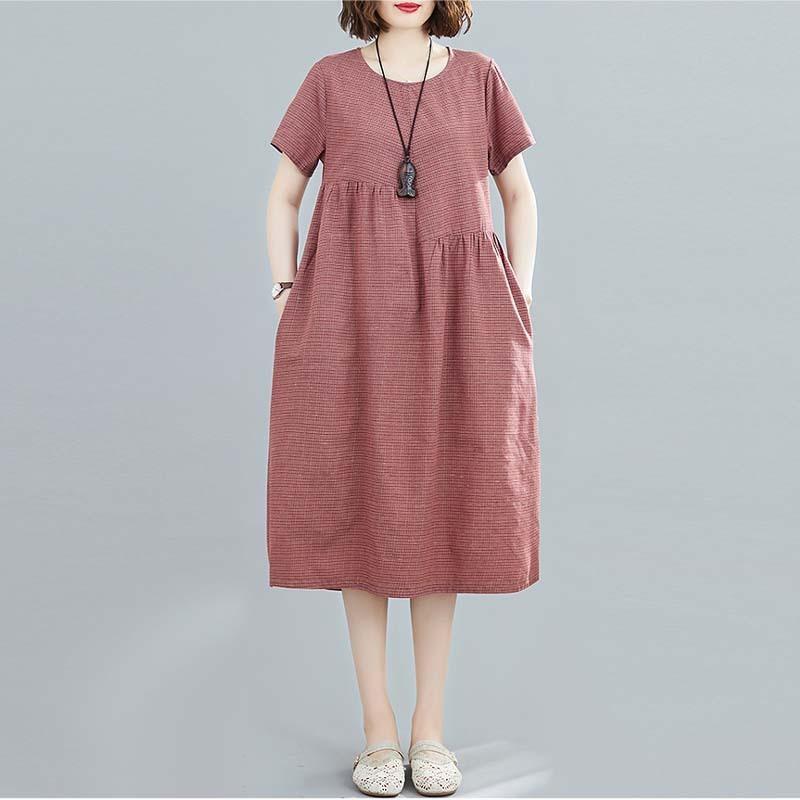 Реальное фото лето новый литературный свободный сращенный хлопок и лен клетчатый круглый вырез короткий рукав платье женская одежда средней длины