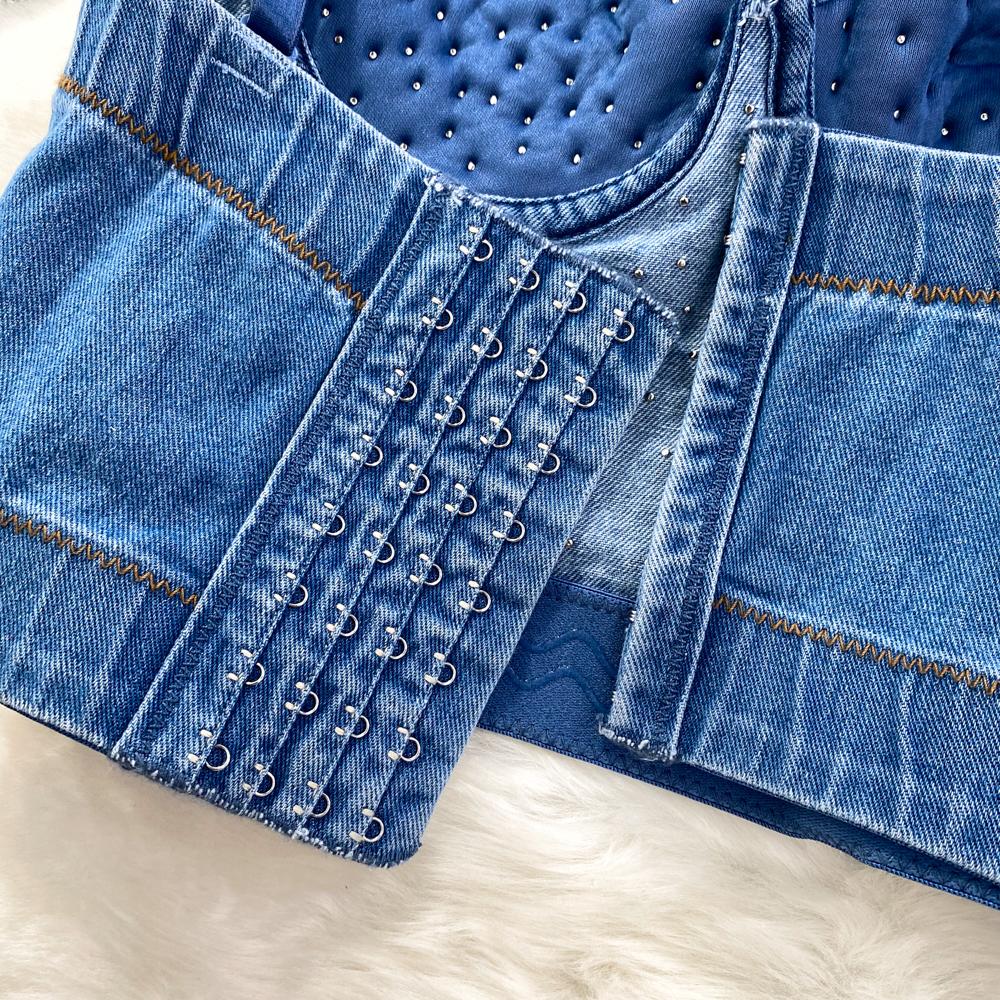 Летний женский сексуальный клубный джинсовый бюстгальтер на бретельках, роскошный бюстгальтер-поло с жемчугом и бисером, облегающее Корректирующее белье для танцев