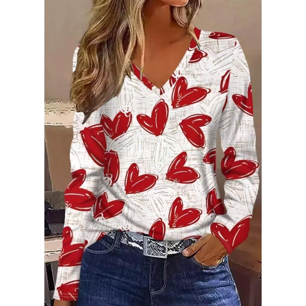 Ladies' Elegant Casual Long Sleeve T-shirt - V-neck Contrast Stripe 3D Pattern Print