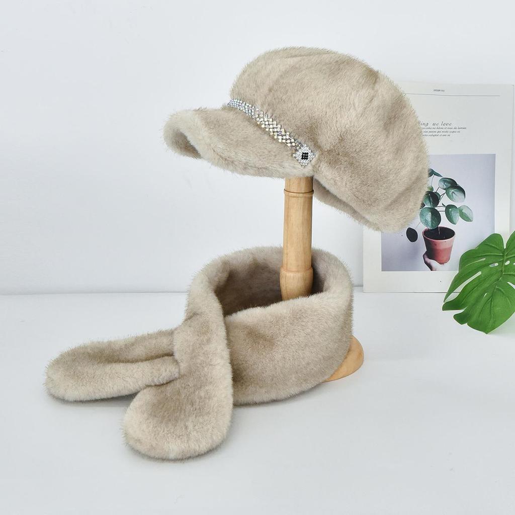 Роскошная берет-шапка из искусственного меха норки с козырьком для женщин, Зимний комплект: шапка и шарф, Уличный берет с козырьком, украшенный стразами