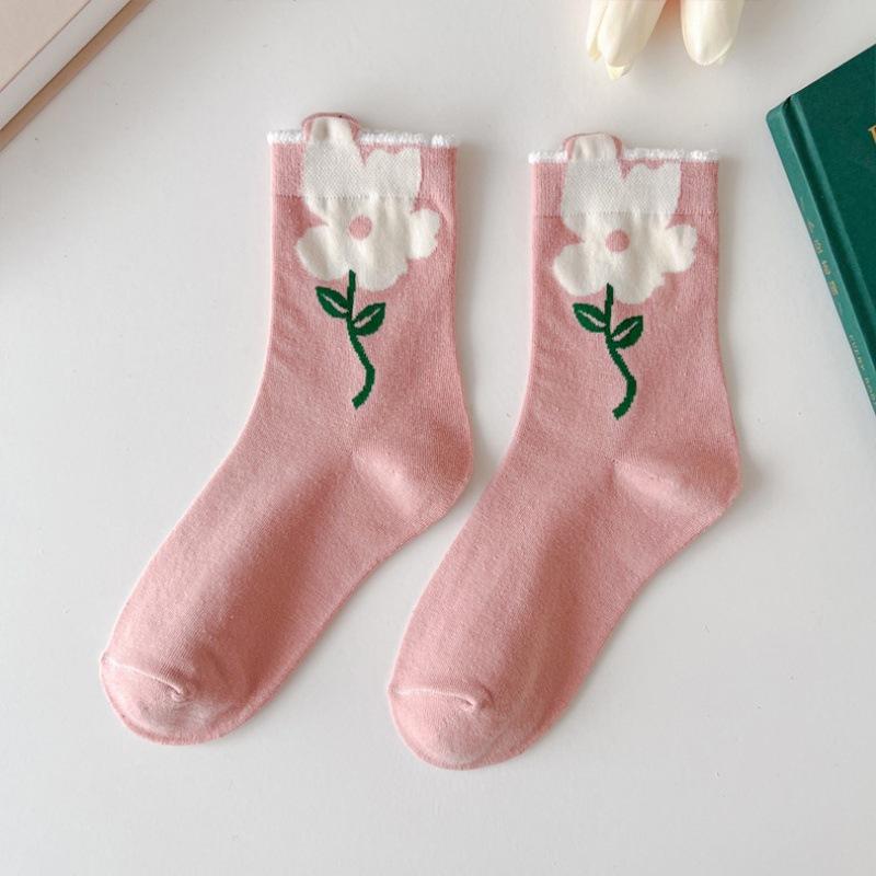Носки Tide Tulip Pure Middle Flower Tube INS Flowers Korea Cotton Socks Jewelry