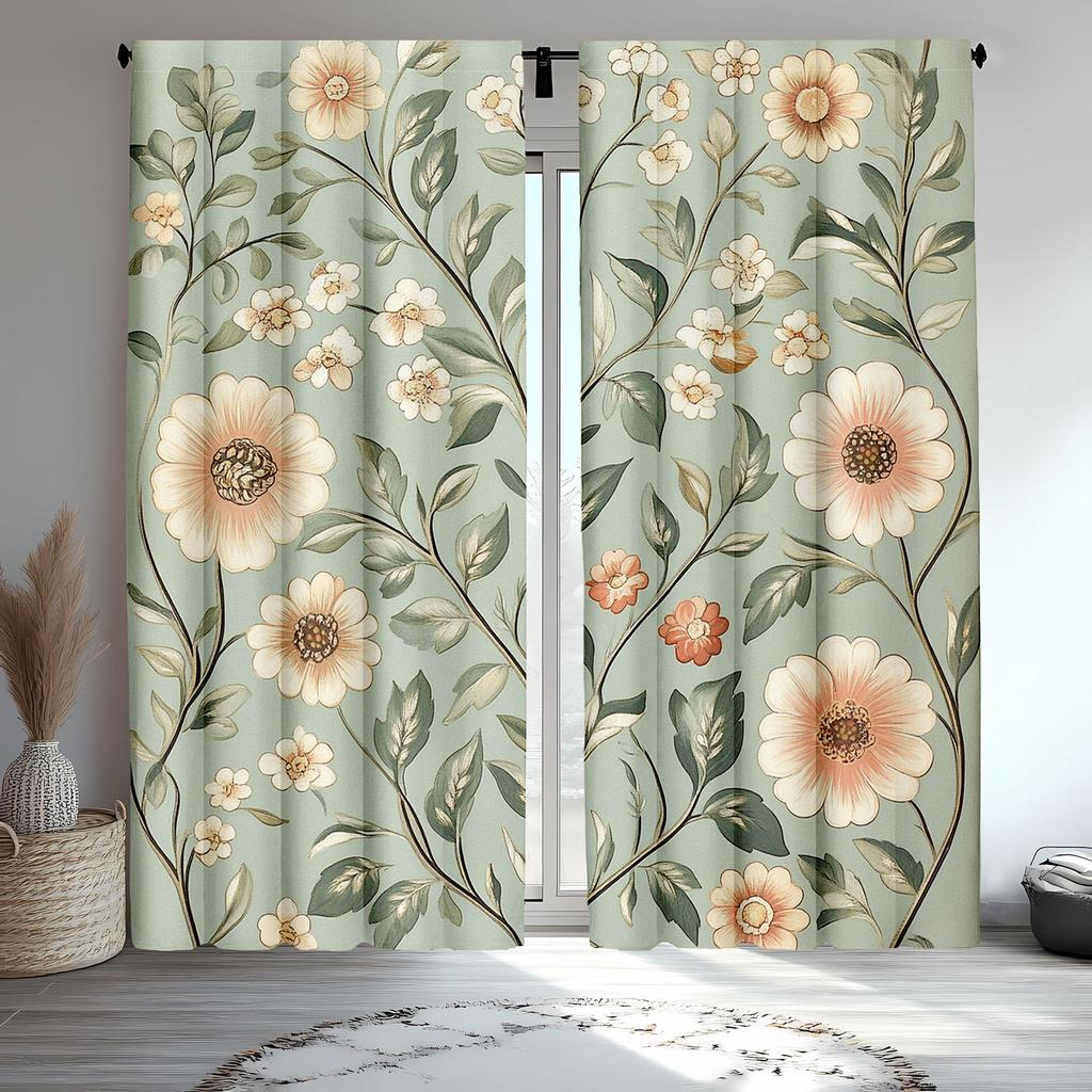 2pc Light green floral pattern curtains, polyester fabric, machine washable, suitable for living room/bedroom decoration