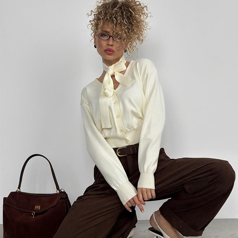 Вязаные кардиганы с V-образным вырезом, женские шикарные однобортные свободные элегантные однотонные свитера для женщин 2025 года, повседневные топы с длинным рукавом для женщин