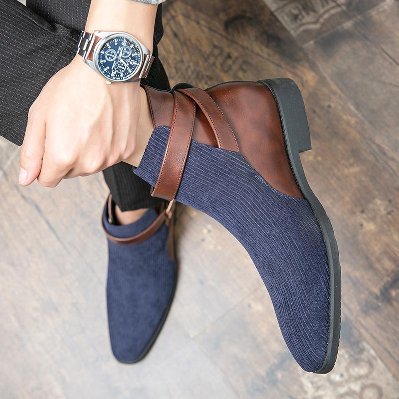 Men’s Chelsea Demi-season Short Boots Wingtip Mid-calf Boots Tuxedo Ankle Boots for Men Pointed Toe Retro Stitching Contrast Color Boots