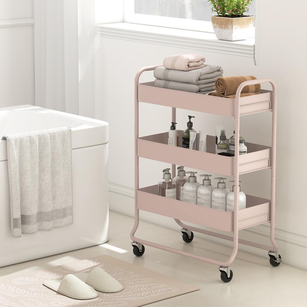 3 Tier Storage Trolley On Wheels Rolling Utility Cart With Mesh Baskets For Kitchen Bathroom Bedroom Light Pink