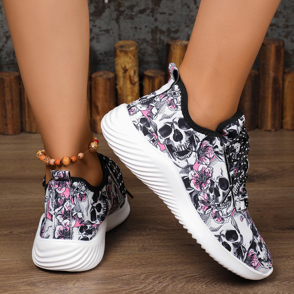 Новый узор с черепом и цветами Женские спортивные туфли Грязеустойчивые Прочные С круглым носком На шнуровке Кроссовки Дышащие Нескользящие Для улицы Путешествия