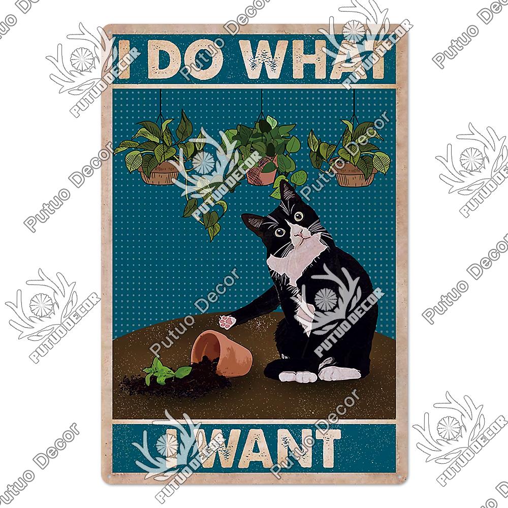Putuo Decor Милая черная кошка Винтажная табличка Металлическая вывеска Винтажная жестяная вывеска Постер Украшение для гостиной Ванной комнаты Настенный декор