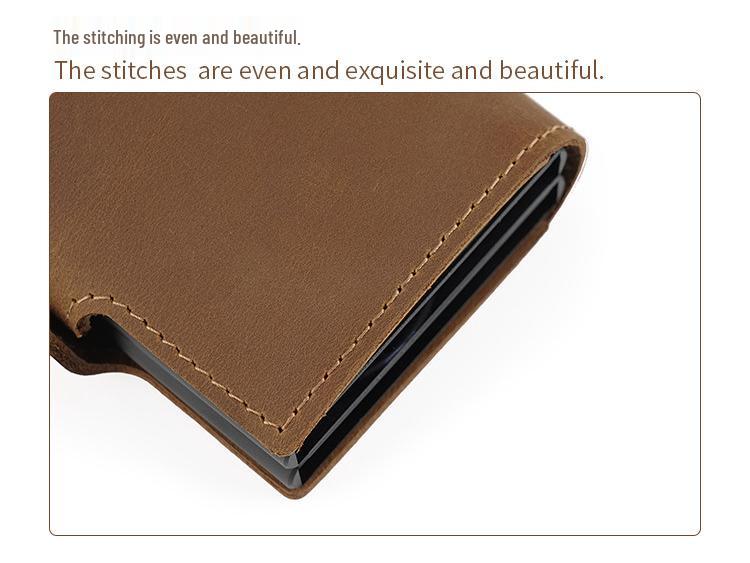 Винтажный 2025 Мужской Двухслойный Картхолдер из Кожи Crazy Horse с Выдвижным Механизмом на Кнопке и Алюминиевой Клипсой