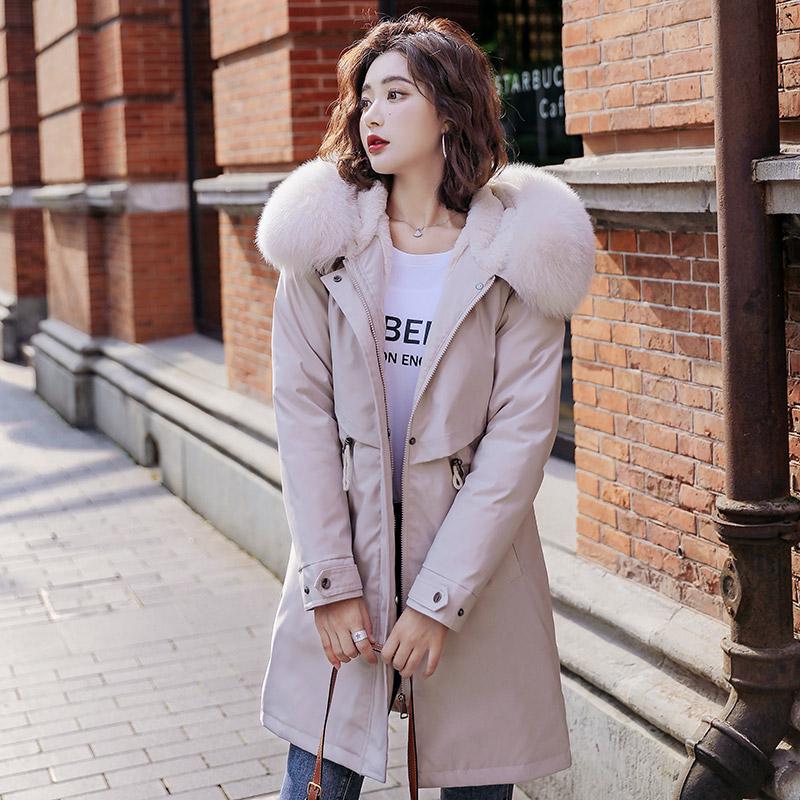 Women Fall Winter Jacket Coat Parka Thicken Cotton Liner Medium Long Hooded Fur Collar Adjustable Waist Solid Color M-6XL