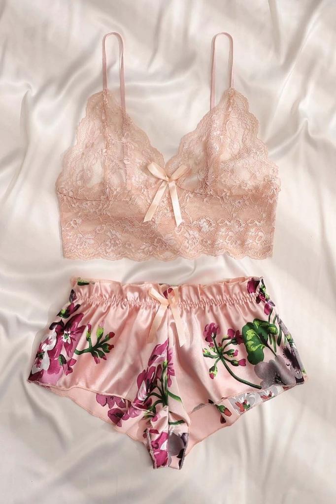 Lace Bustier Floral Bra Shorts Pajama Set Satin