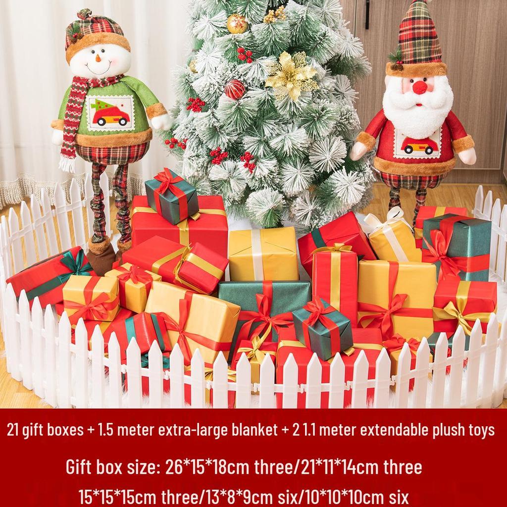 Large Christmas Tree Decoration Set with Snowman, Gift Box, Fence, and Tree Skirt for Shopping Mall Display
