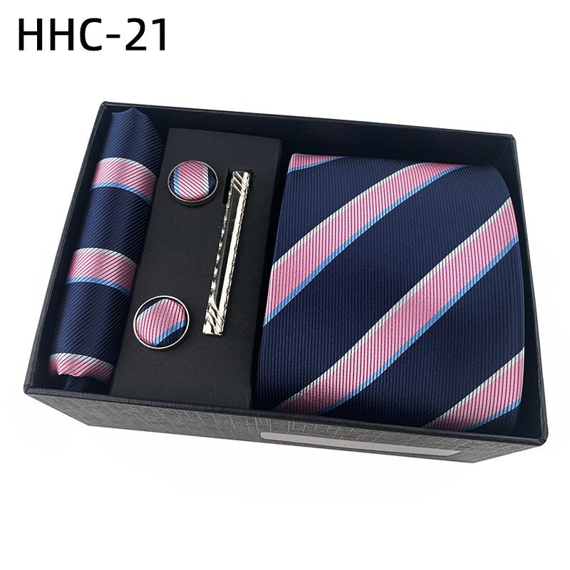 Men'S Striped Flower Plaid Tie Square Towel Cuffs Tie Clip Gift Box Set Business Casual Tie Black