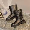 British Style Simple Black Thick Sole Knight Boots Fashion Slip On 4cm Mid Heel Belt Buckle Women Shoes Retro Fashion Short Boot