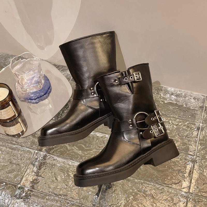 British Style Simple Black Thick Sole Knight Boots Fashion Slip On 4cm Mid Heel Belt Buckle Women Shoes Retro Fashion Short Boot