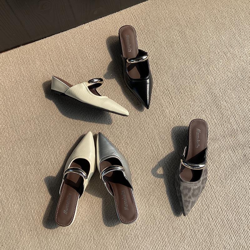 Pointed Metal French Thick Heel Commuter Cool Slippers Women's 2025 Spring New Outer Wear Temperament Bag Head Half Slippers