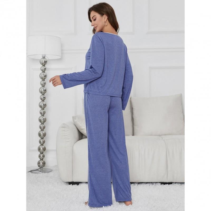 Womens Solid Color Long Sleeve Pajama Set Soft Cotton Lounge Wear Home Outdoor Sleep
