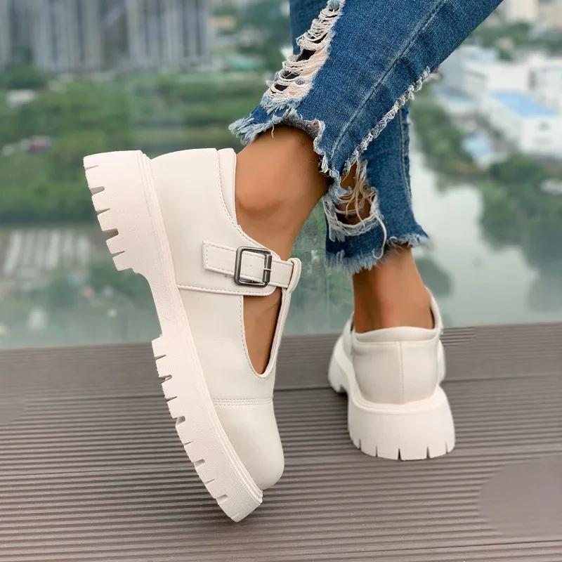 Модная обувь для женщин 2024 года, модные женские туфли-лодочки с пряжкой из одного слова, с круглым носком, на среднем каблуке, водонепроницаемые, для работы, профессий, повседневные туфли-лодочки