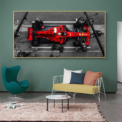 Плакаты с красным гоночным автомобилем, печать на холсте, гоночный автомобиль, подарок, настенное искусство F1, декор стены комнаты, бегущий автомобиль, смена шин на поле, картина без рамки