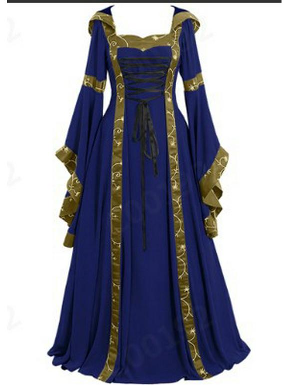 Medieval Retro Hooded Dress with Square Neck and Flared Sleeves