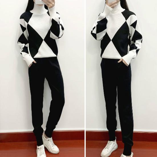 2 шт./компл. женский свитер и брюки, комплект, толстый геометрический принт, высокий воротник, защита шеи, длинный рукав