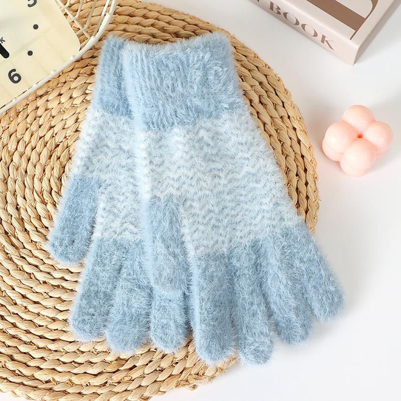 Jacquard Knitted Gloves for Women, Cute In Winter, Thickened and Warm Five-finger Wool, Outdoor Riding In Autumn and Winter, Cold-proof