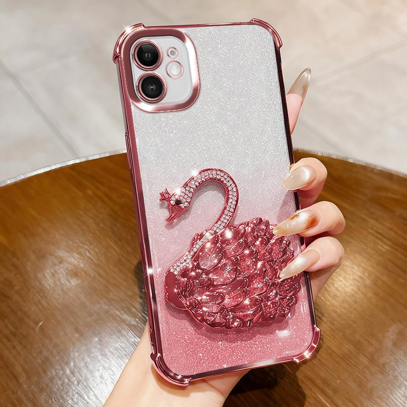KEYSION Противоударный чехол с гальваническим покрытием для iPhone 11 12 Pro Max Прозрачный ТПУ с блестками и драгоценностями Подставка в виде лебедя Задняя крышка для iPhone 11