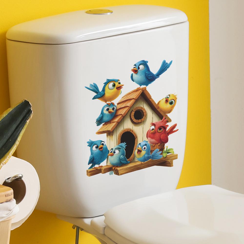 Cartoon Birdhouse with Birds Toilet Seat Sticker Bathroom Decor Nature Themed Removable Decal