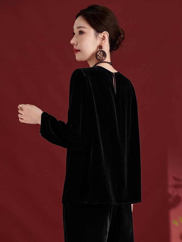 Топ кэжуал с длинным рукавом из жаккардового бархата из шелка тутового шелкопряда класса 6А с принтом тушью - Роскошь для осени/зимы