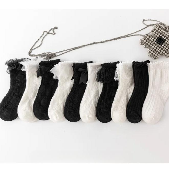 Носки с оборками для девочек, кружевные носки JK Calf для детей, милые носки принцессы с оборками белого и черного цвета для детей, одежда на весну и лето