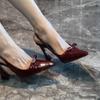 Burgundy Bow Buckle Rhinestone Sandals Horseshoe Heel Strap Sexy Celebrity High Heels