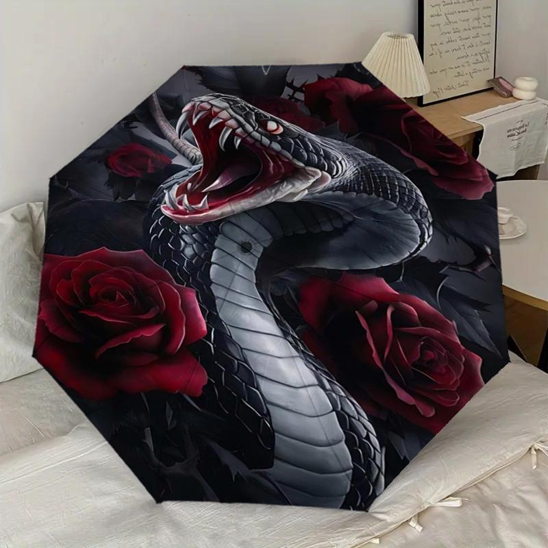 Black Snake & Red Roses: Automatic Opening/Closing Umbrella with Foldable Design, Iron Frame, Outdoor Use, Perfect Gift for Fans, Travelers,